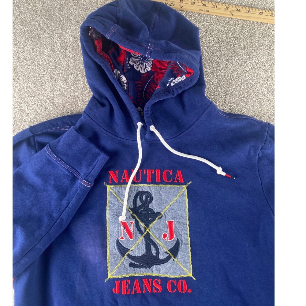 Nautica Jeans Co Mens XL Blue Anchor Graphic Hoodie Floral Hood Lining Pullover
